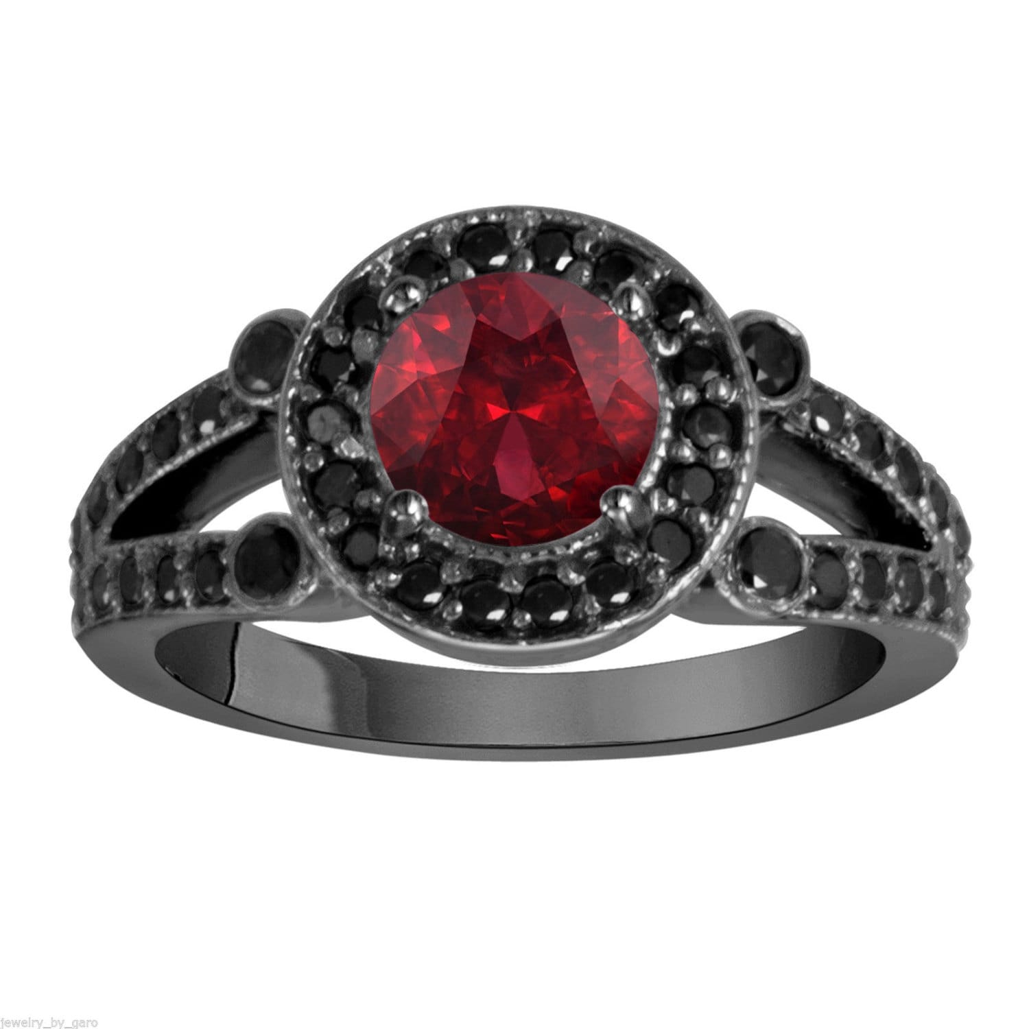 Garnet Engagement Ring Black Diamonds Bridal RingWedding HERE IS HANDMADE HALO UNIQUE ENGAGEMENT RING !! MY NEW MODEL ! HANDCRAFTED IN THE USA !!!!!!! GARNET & BLACK DIAMONDS !!! 14 KARAT BLACK GOLD VINTAGE ST
