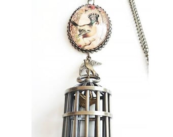 Necklace birdcage watch dial and cabochon