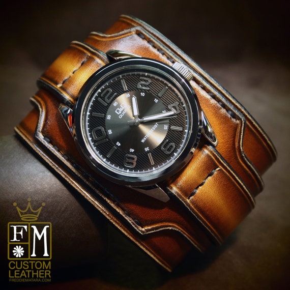 Leather cuff watch Brown Tobacco fade 2.5" wide layered Brown watch band cuff Bracelet Handmade for YOU in USA by Freddie Matara