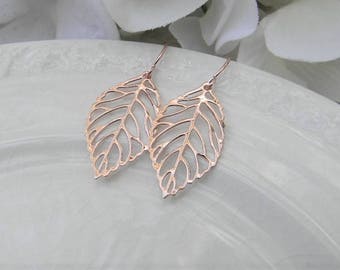 Rose Gold Earrings - Rose Gold Leaf Earrings - Fall Wedding - Rose Gold Jewelry- Minimalist Jewelry - Gift for Her - Gift Under 15