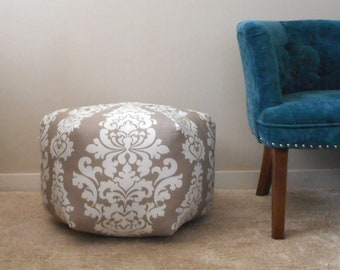 Grey pouf, Damask floor pouf, foot stool, Moroccan Pouf Ottoman