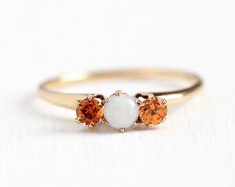 Opal & Garnet Ring - Vintage 14k Rosy Yellow Gold Three Stone - Size 8 1/2 Antique Orange Spessartine Gemstone Art Deco 1920s Fine Jewelry