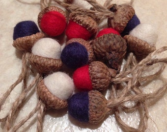 Needle felted acorn ornaments in red, white and blue with jute hangers