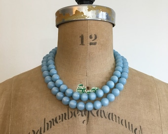 1950s 1960s Blue Moonglow Double Strand Bead Necklace 50s 60s