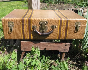 antique striped cardboard suitcase leather handle brass hardware man cave masculine movie prop