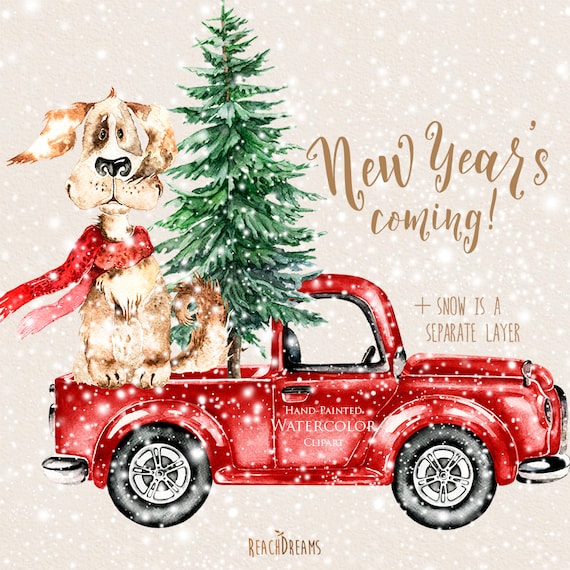 Watercolor Christmas Truck Dog Vintage red pickup Pine