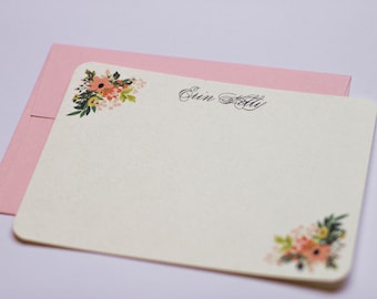 Pink floral flat note cards stationery