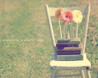 Gerbera Daisies, Vintage Chair, Green Pink Yellow, Vintage Books, Mason Jars, Gift For Reader, Flower Photography, Home Art Decor