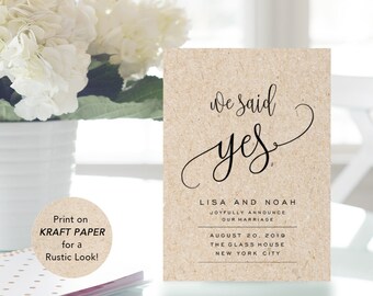 Printable Wedding Announcement Template, Elopement Announcement, DIY We Said Yes, Marriage Announcement, PDF Instant Download, #SPP013we