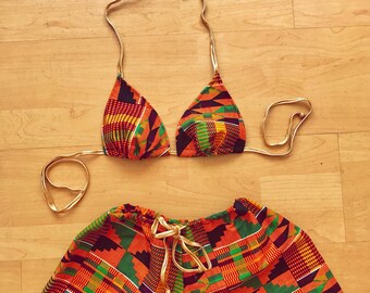 African Kente bikini top and shorts.