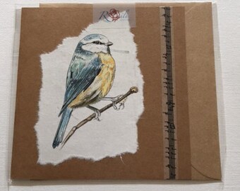 Handmade Bluetit blank greetings card.