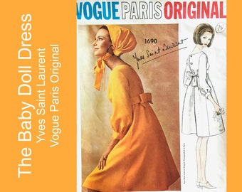 Baby Doll Dress, 60s vintage sewing pattern Vogue Paris Original 1690 Yves Saint Laurent designer High waist Buttoned back bow tie, Bust 34