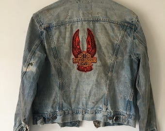 1970's Levi's Denim Jacket, Distressed Harley Davidson Patch Jean Jacket, Vintage Orange Tab