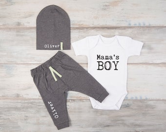 New Mom Gift, Baby Boy Clothes, Mama's Boy White Bodysuit, Personalized Pants / Hat, Baby Gift, Mother's Day Boy Outfit, 1st Mother's Day