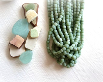 small matte green bead, soft green glass bead, irregular barrel tube spacer, New Indo-pacific 3 to 6 mm / 22 inche strand - 7ab29-1