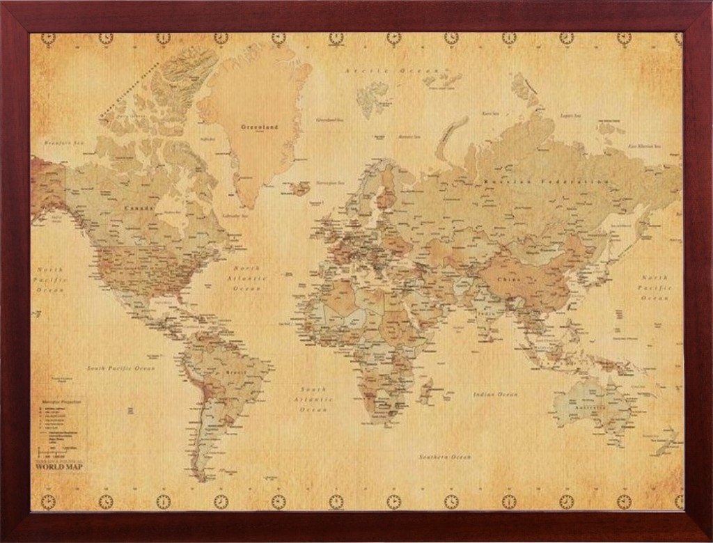 Home Fice World Map In Brown Wood Frame Perfect For Tracking