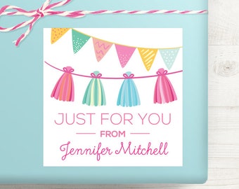 Personalized Birthday Gift Labels - Pink Party Garlands Birthday Gift Stickers - Set of 12