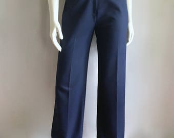 Vintage Women's 70's Navy Blue, Polyester Pants, High Waisted, Tapered Leg (S)