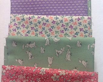 1930s Era Assorted 1930s Retro Fabric in Pink, Green and Purple, Florals, Ducks and Children, Fat Quarter Bundle