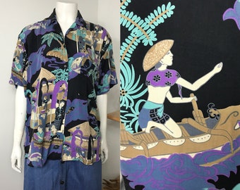 vtg 80s Generra ethnic print avant garde dress shirt top