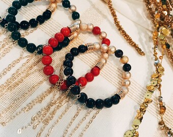 Beaded Stackable Stretch Holiday Bracelet with Gold Filled Beads and Chains