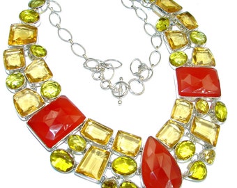 Golden Topaz, Carnelian Sterling Silver Necklace - weight 115.20g - dim 1 1 2 inch - code 1-cze-17-71