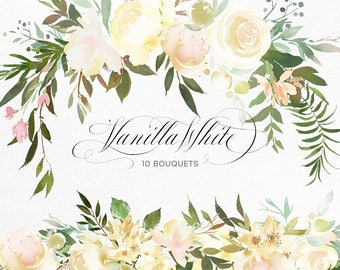 Vanilla White Watercolor Flowers Green Leaves Clipart Peony Roses Floral Bouquets Baby Room Decor Baptism Baby Shower Invitations Wedding