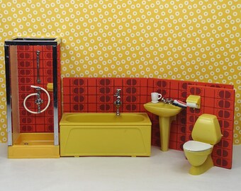 Doll house vintage Lundby bathroom 1970s furniture yellow mustard orange