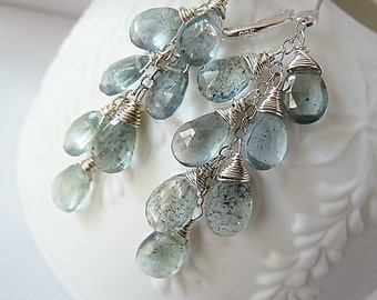 Moss Aquamarine silver earrings. Dangle earrings. March Birthstone earrings. Wire wrapped. Drop earrings. Aquamarine Silver leverback