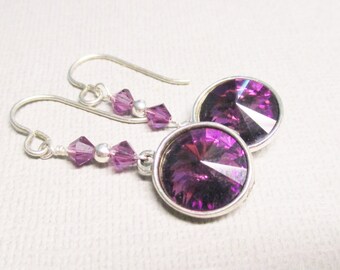 Amethyst Earrings, Purple Crystal Earrings, Swarovski Rivoli Earrings, Amethyst Dangle Earrings, February Birthstone Earrings