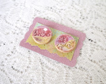 Set of 2 Large Round Ceramic Clay Buttons, Shank Style, Yellow, Lavender and Rose Pink Luster Glaze