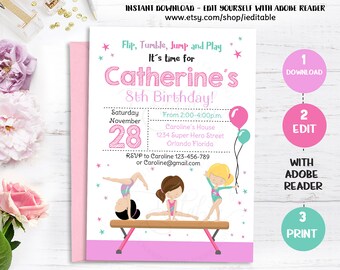 GYMNASTIC Invitation, Gymnastics Birthday Invite, Girls invitations, Gymnastic Party, Editable invitations, Template Instant download