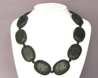 Necklace Black Lava 40mm Flat Ovals 925 NSLV3087