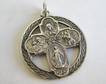 Vintage Sterling Silver Virgin Mary Devotional Catholic Cross Necklace Pendant