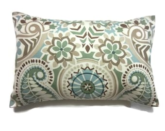 Decorative Pillow Cover Sage Green Blue Taupe Brown Lumbar Throw Toss Accent Paisley Damask Same Fabric Front/Back 12x18 inch x