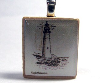 Lighthouse drawing - vintage dictionary Scrabble tile pendant