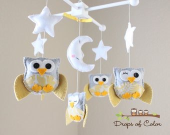 Baby Crib Mobile - Baby Mobile - Nursery Decor Owl Mobile - Yellow and Gray Owls "Five Owls in the night" (You can pick your colors)