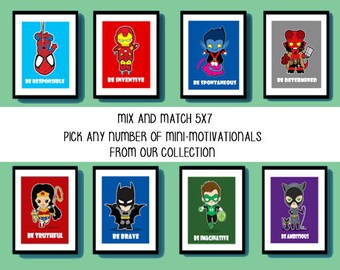 Superhero and Villain Wall Art, 5X7, Mini-Motivationals, geek art, superhero nursery, kids room, playroom