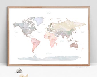 world map wall art watercolor pastel world map world map print nursery wall