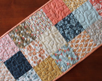 Quilted Table Runner, Modern Table Runner, Persimmon, Navy Blue Orange Brown Yellow, Navy Blue Table Runner, Persimmon Table Topper, Moda