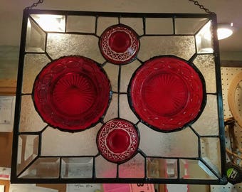 Scarlet red antique dishes/Frosted clear panel