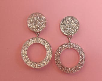 Silver Sparkly Hoop Circle Perspex Earrings