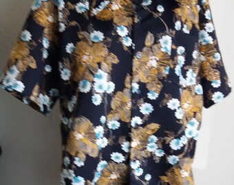 Vintage unbrand Black with White floral designs Men's Hawaiian shirt Aloha shirt