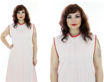 60s Mod Dress Vintage Pink Red Dots Strawberry Sixties A-Line 70s Retro 1970s Large L XLarge XL