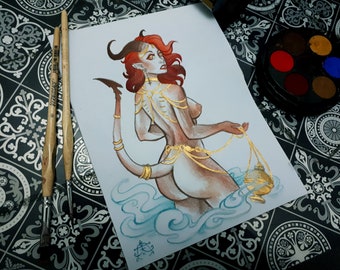 Succubus Pinup with Gold detail Original A5 Painting