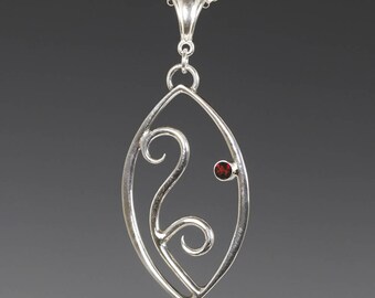 Filigree Pendant. 1 Birthstone. Sterling Silver Necklace. Lab-Created Gemstone. Marquise Shape. Scroll Design.