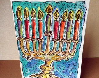 Hanukkah Menorah Card, Hand Painted Card, Original Watercolor, Happy Hanukkah, Hanukkah Painting, Judaica Artwork, Jewish Holidays, Fire Art