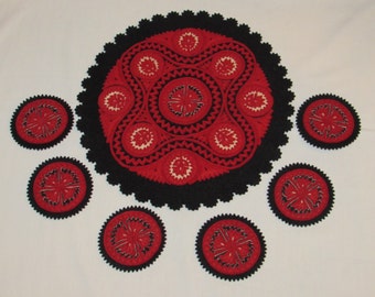 Vintage Handmade Textile UKRAINE FOLK ART Felt Coasters and Doily Black & Red