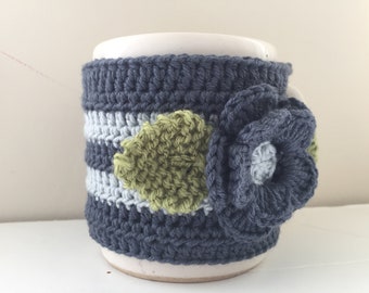 Floral Cup Cosy, Cup Sleeve, Mug Cosy, Cup Cozy, Mug Sleeve, Mug Warmer - in Pure Merino Wool