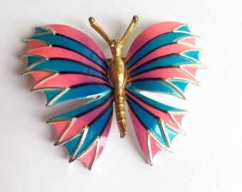 Vintage Bright Blue and Pink Striped Enamel Butterfly Brooch